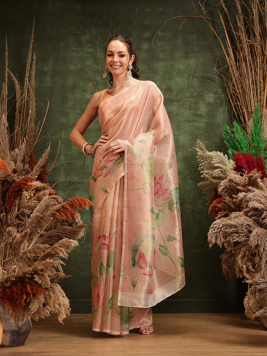 Hiral Fashion Peach Bollywood Cotton Tissue Floral Digital Printed Saree | Grocsy