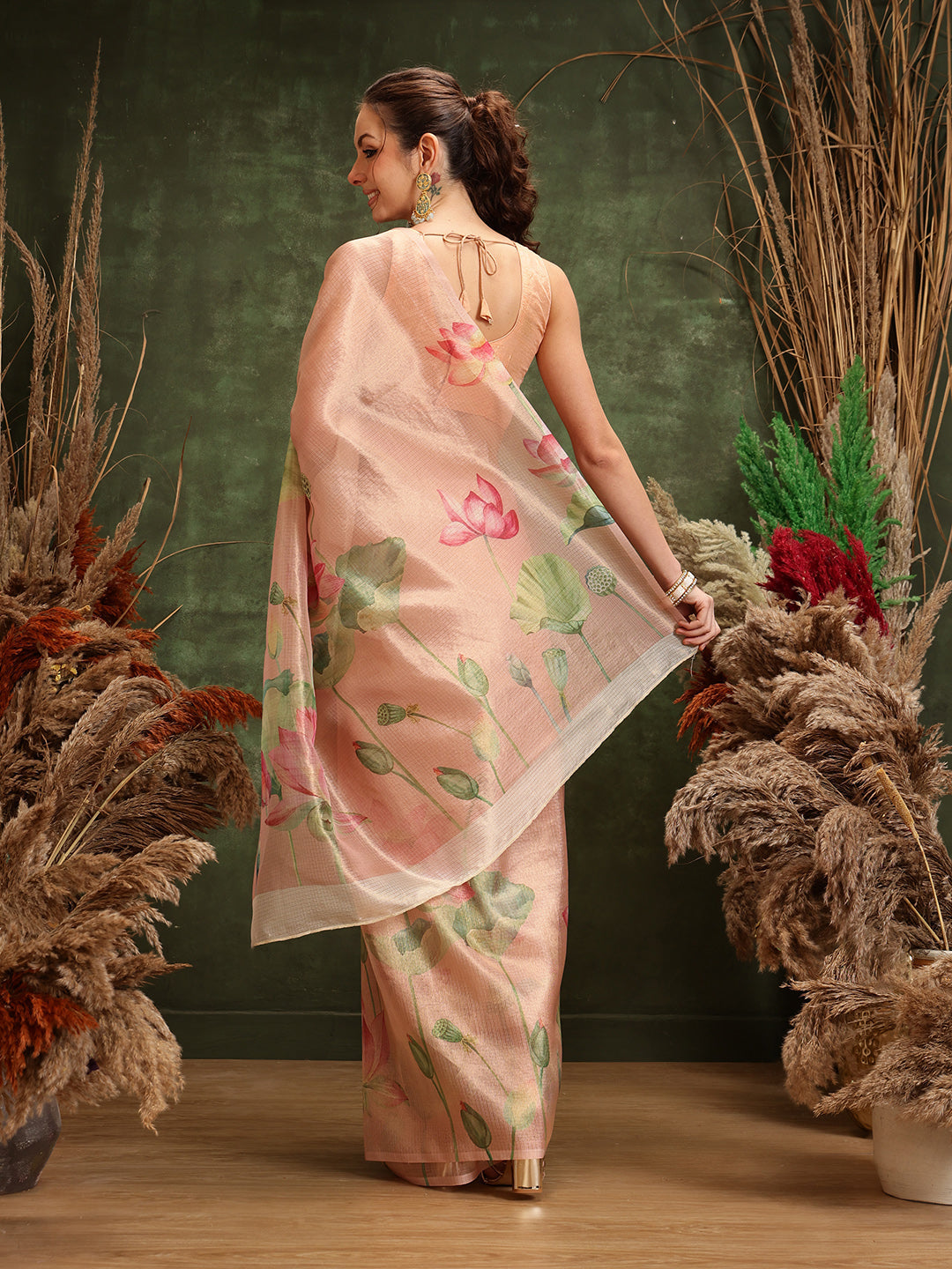 Hiral Fashion Peach Bollywood Cotton Tissue Floral Digital Printed Saree | Grocsy