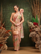 Hiral Fashion Peach Bollywood Cotton Tissue Floral Digital Printed Saree | Grocsy