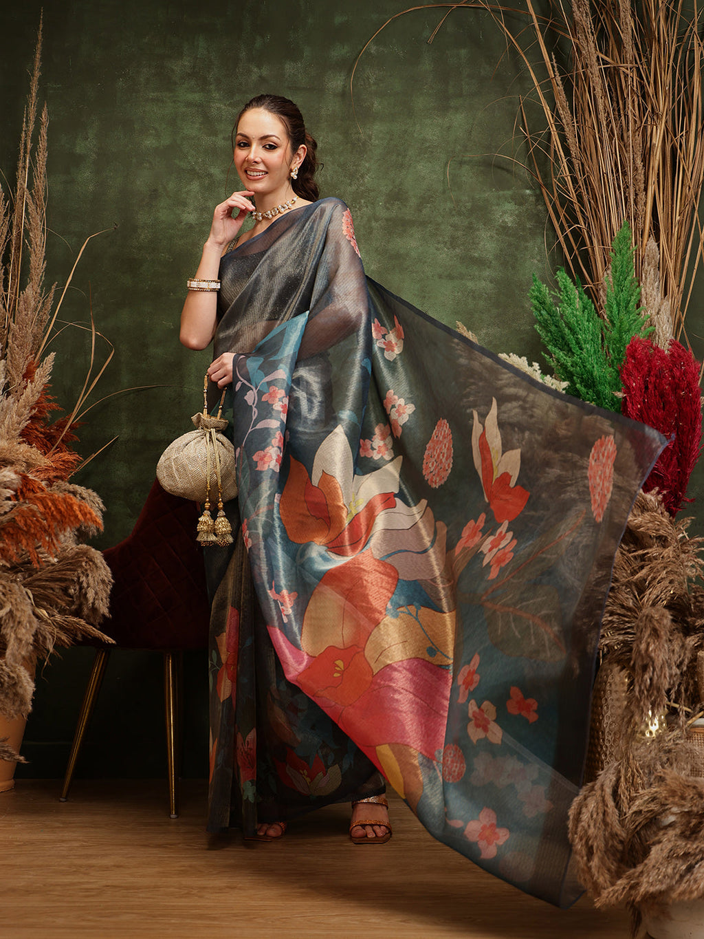 Hiral Fashion Teal Bollywood Cotton Tissue Floral Digital Printed Saree | Grocsy