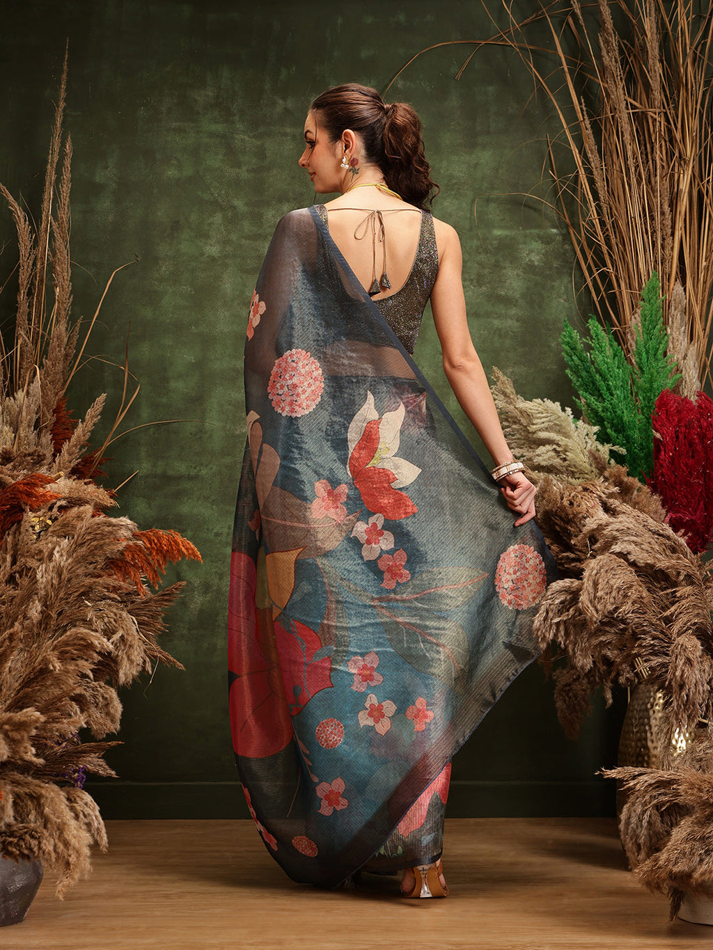 Hiral Fashion Teal Bollywood Cotton Tissue Floral Digital Printed Saree | Grocsy