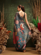 Hiral Fashion Teal Bollywood Cotton Tissue Floral Digital Printed Saree | Grocsy