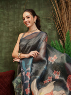Hiral Fashion Teal Bollywood Cotton Tissue Floral Digital Printed Saree | Grocsy