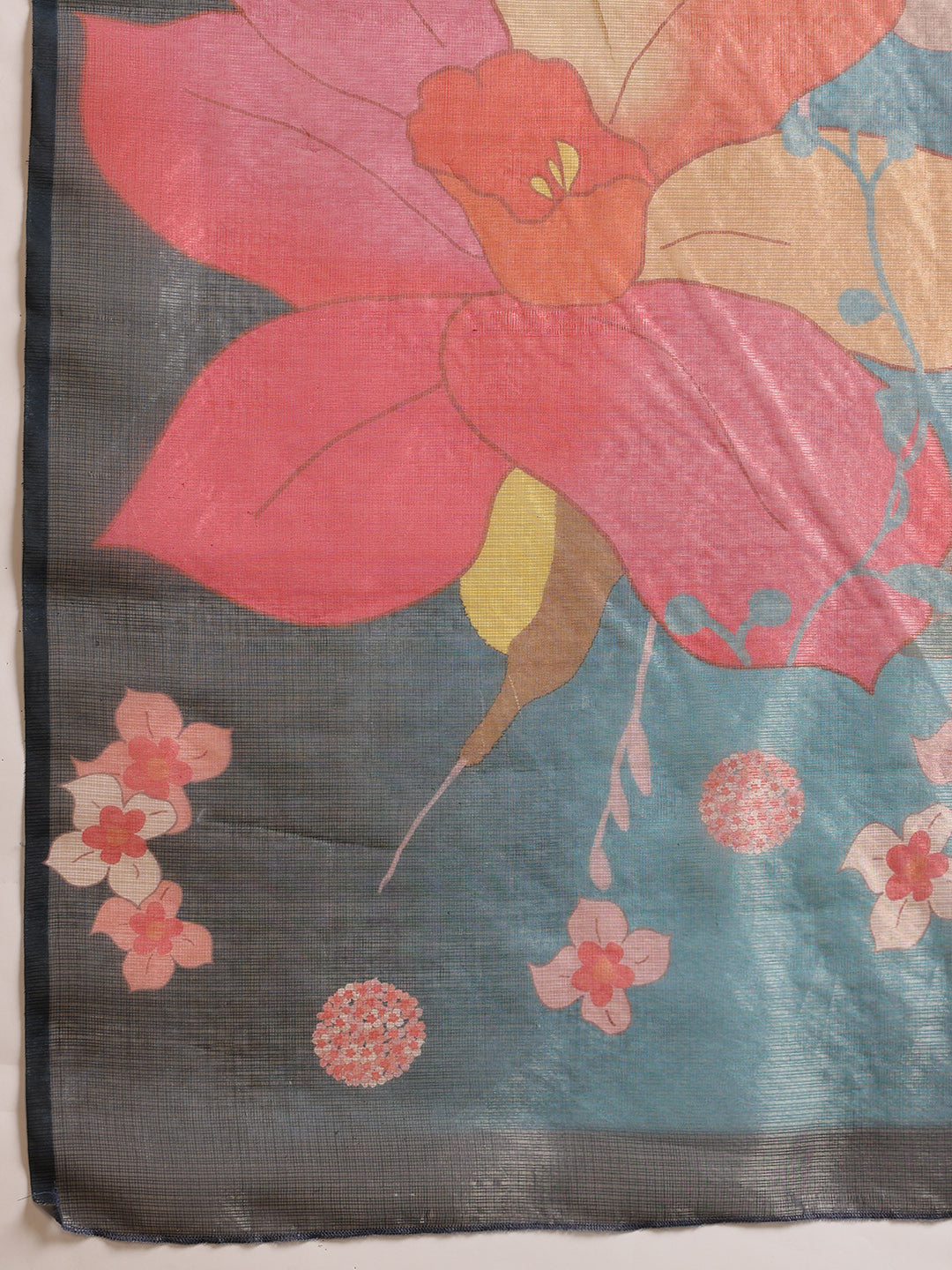 Hiral Fashion Teal Bollywood Cotton Tissue Floral Digital Printed Saree | Grocsy