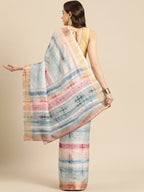 Multicolor Silk Blend Printed Geomatric Saree with Unstitched Blouse - Hiral Fashion | Grocsy
