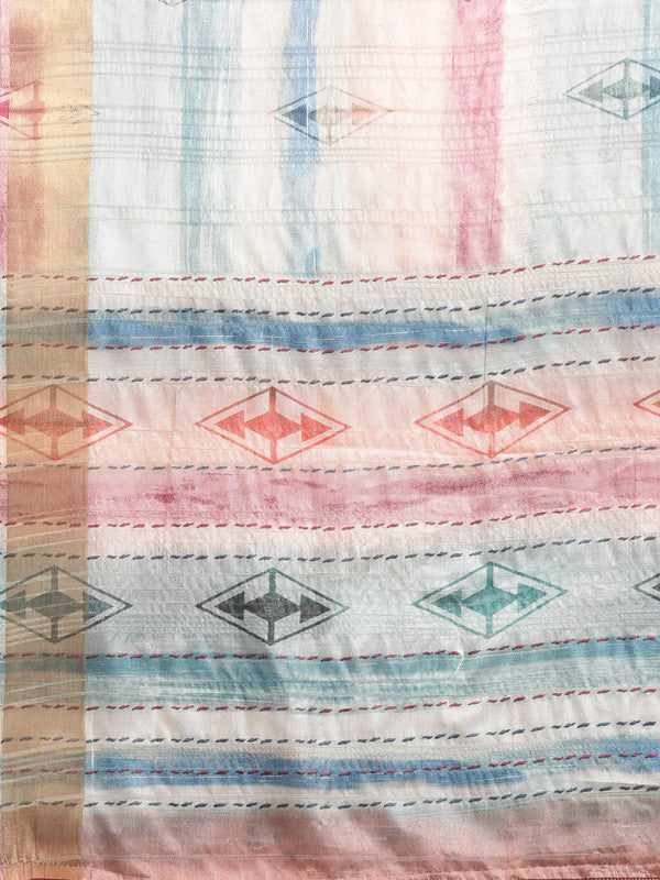 Multicolor Silk Blend Printed Geomatric Saree with Unstitched Blouse - Hiral Fashion | Grocsy