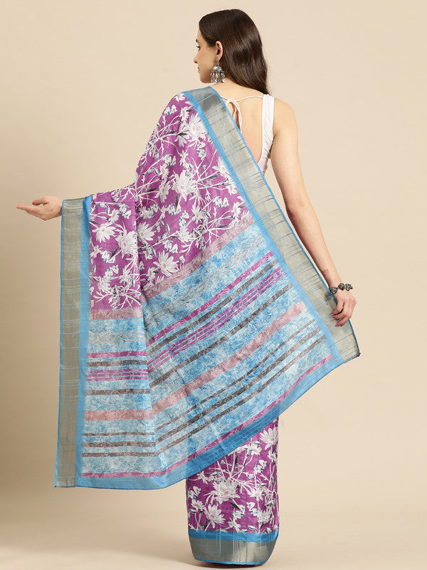 Purple Silk Blend Digital Print Floral Saree with Unstitched Blouse - Hiral Fashion | Grocsy