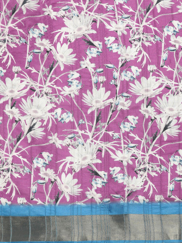 Purple Silk Blend Digital Print Floral Saree with Unstitched Blouse - Hiral Fashion | Grocsy