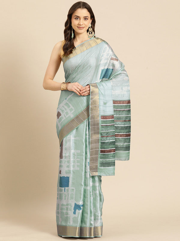 Turquoise Silk Blend Printed Geomatric Saree with Unstitched Blouse - Hiral Fashion | Grocsy