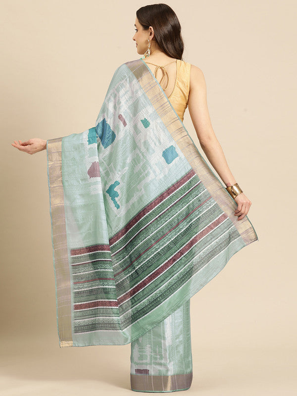 Turquoise Silk Blend Printed Geomatric Saree with Unstitched Blouse - Hiral Fashion | Grocsy