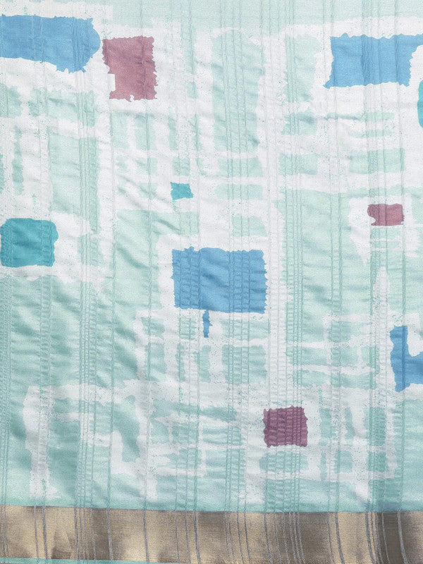 Turquoise Silk Blend Printed Geomatric Saree with Unstitched Blouse - Hiral Fashion | Grocsy