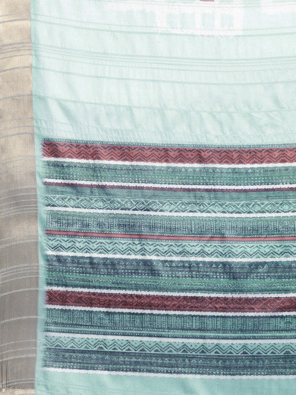 Turquoise Silk Blend Printed Geomatric Saree with Unstitched Blouse - Hiral Fashion | Grocsy