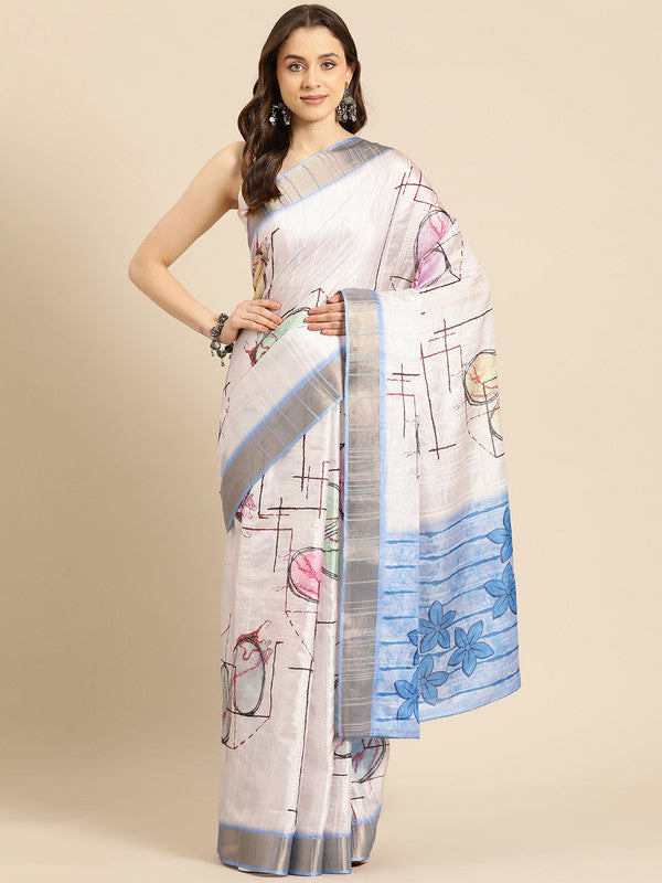 White Silk Blend Printed Geomatric Saree with Unstitched Blouse - Hiral Fashion | Grocsy