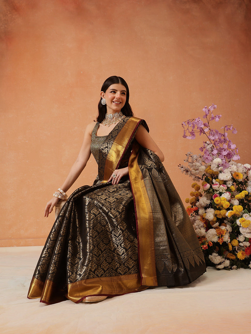 Hiral Fashion Black Kanjeevaram Banarasi Silk Ikkat Woven Design Saree | Grocsy
