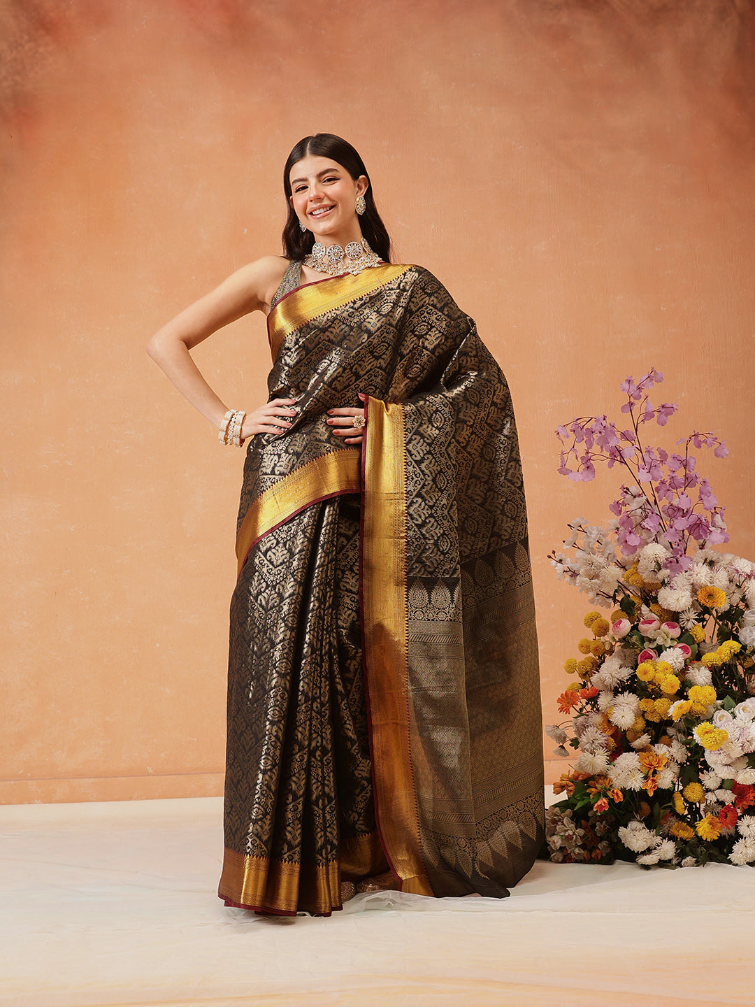 Hiral Fashion Black Kanjeevaram Banarasi Silk Ikkat Woven Design Saree | Grocsy