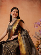 Hiral Fashion Black Kanjeevaram Banarasi Silk Ikkat Woven Design Saree | Grocsy
