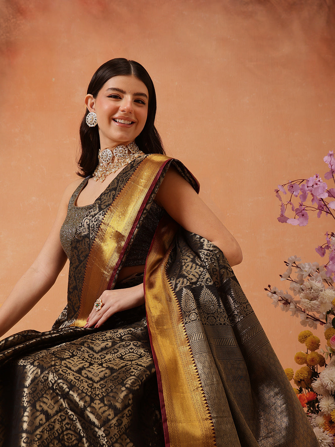 Hiral Fashion Black Kanjeevaram Banarasi Silk Ikkat Woven Design Saree | Grocsy