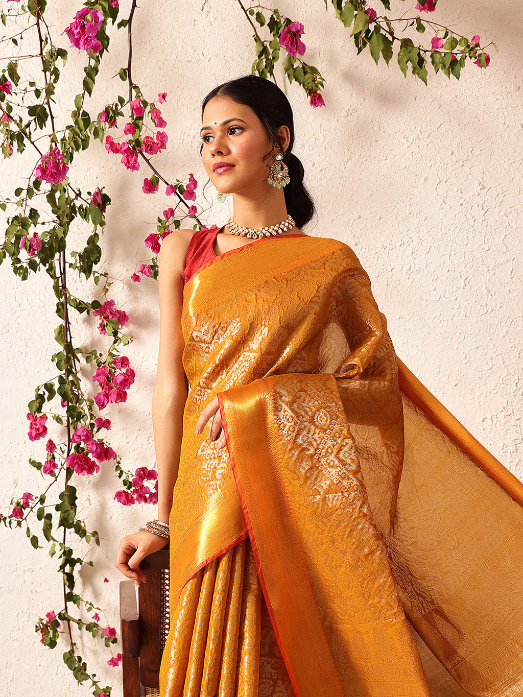 Hiral Fashion Mustard Kanjeevaram Banarasi Silk Ikkat Woven Design Saree | Grocsy
