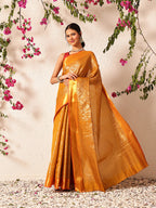 Hiral Fashion Mustard Kanjeevaram Banarasi Silk Ikkat Woven Design Saree | Grocsy
