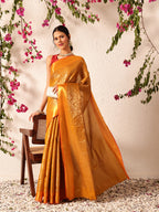 Hiral Fashion Mustard Kanjeevaram Banarasi Silk Ikkat Woven Design Saree | Grocsy
