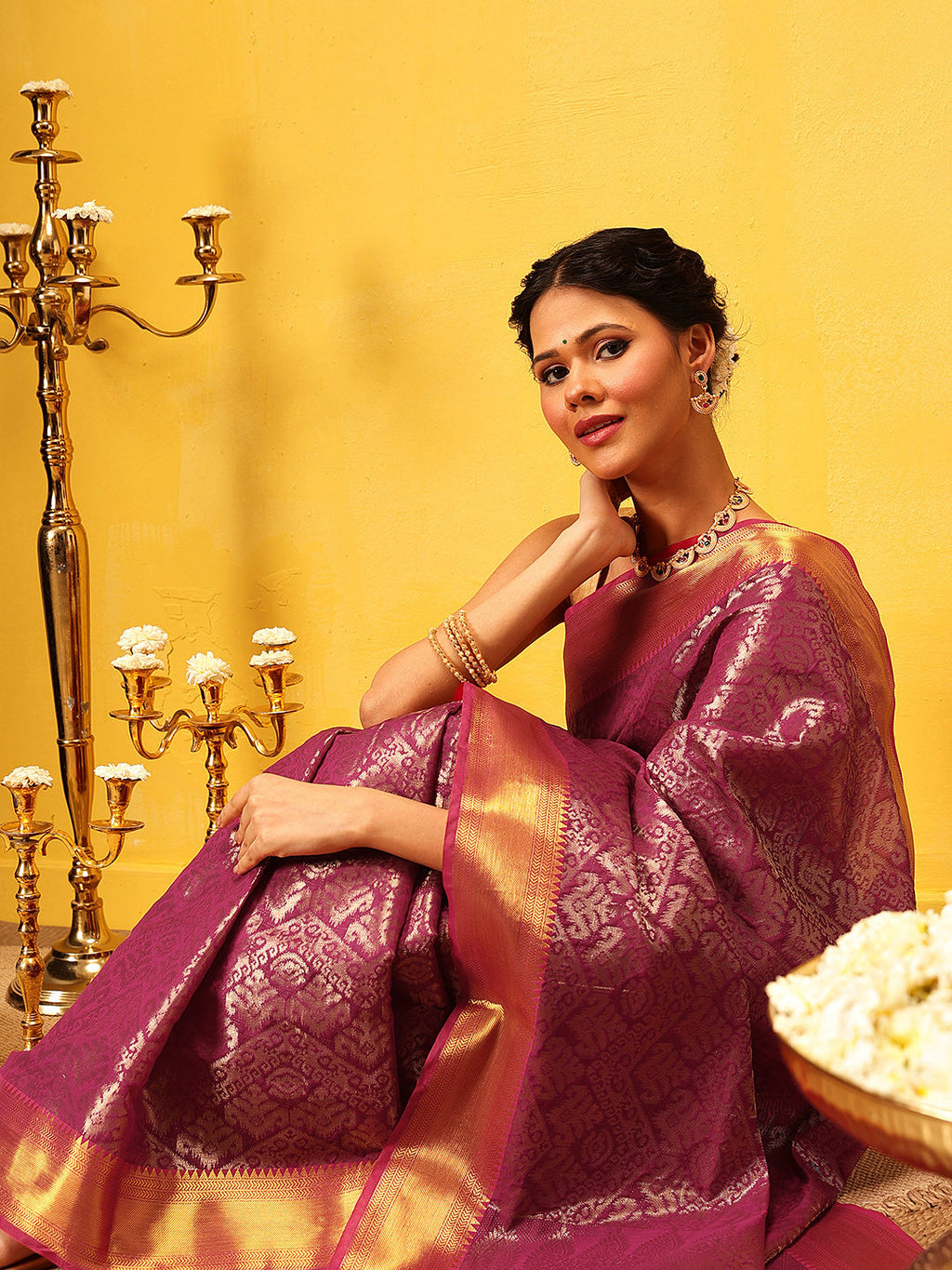 Hiral Fashion Pink Kanjeevaram Banarasi Silk Ikkat Woven Design Saree | Grocsy