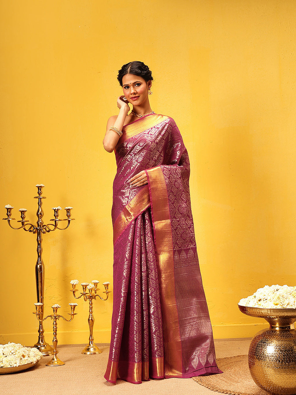 Hiral Fashion Pink Kanjeevaram Banarasi Silk Ikkat Woven Design Saree | Grocsy