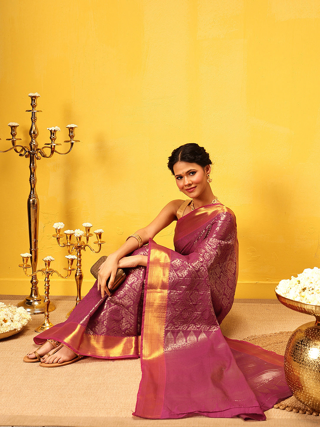 Hiral Fashion Pink Kanjeevaram Banarasi Silk Ikkat Woven Design Saree | Grocsy