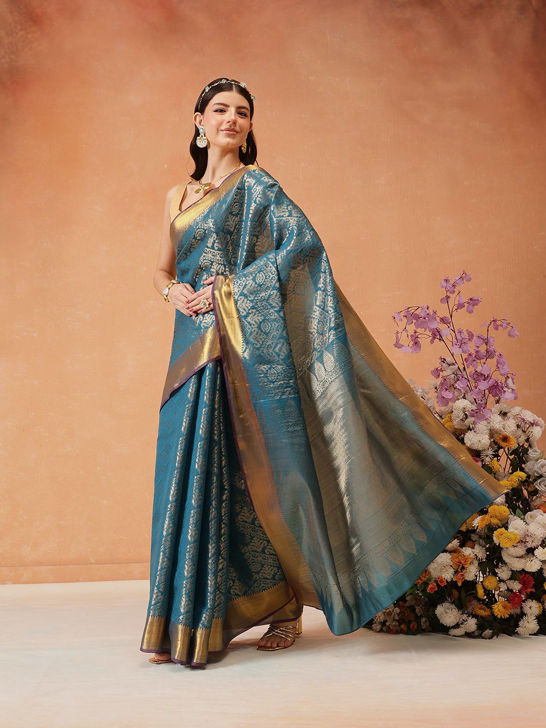 Hiral Fashion Teal Kanjeevaram Banarasi Silk Ikkat Woven Design Saree | Grocsy