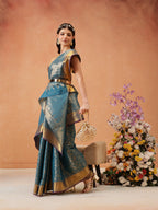 Hiral Fashion Teal Kanjeevaram Banarasi Silk Ikkat Woven Design Saree | Grocsy