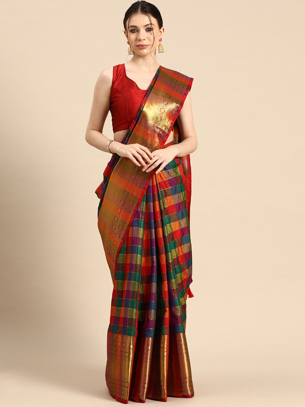 Multicolor Kanjeevaram Silk ColorBlock Checked Saree with Unstitched Blouse - Hiral Fashion | Grocsy