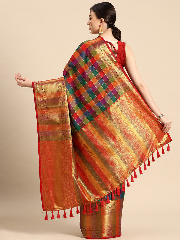 Multicolor Kanjeevaram Silk ColorBlock Checked Saree with Unstitched Blouse - Hiral Fashion | Grocsy