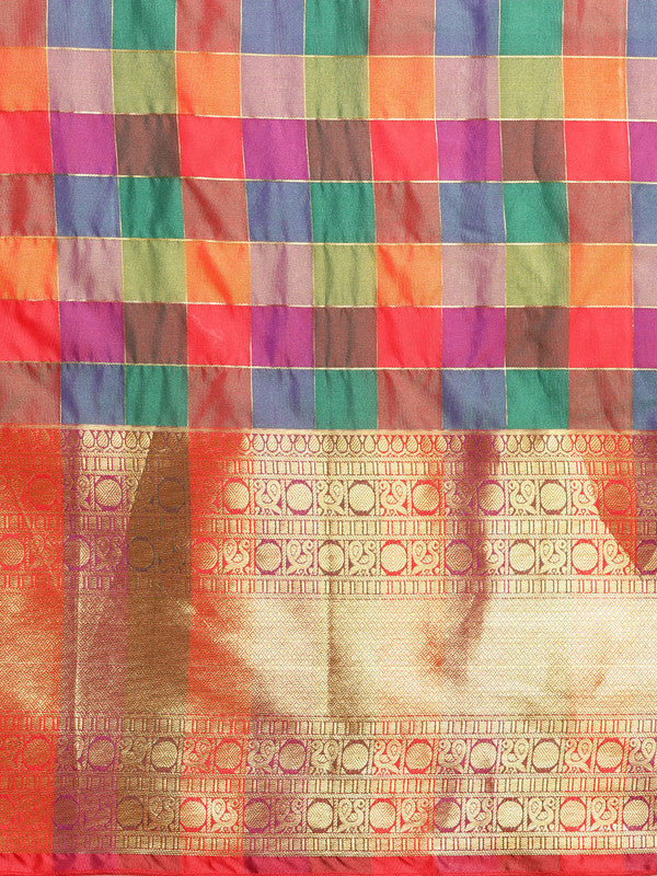 Multicolor Kanjeevaram Silk ColorBlock Checked Saree with Unstitched Blouse - Hiral Fashion | Grocsy