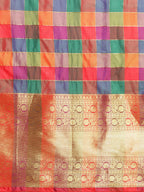 Multicolor Kanjeevaram Silk ColorBlock Checked Saree with Unstitched Blouse - Hiral Fashion | Grocsy