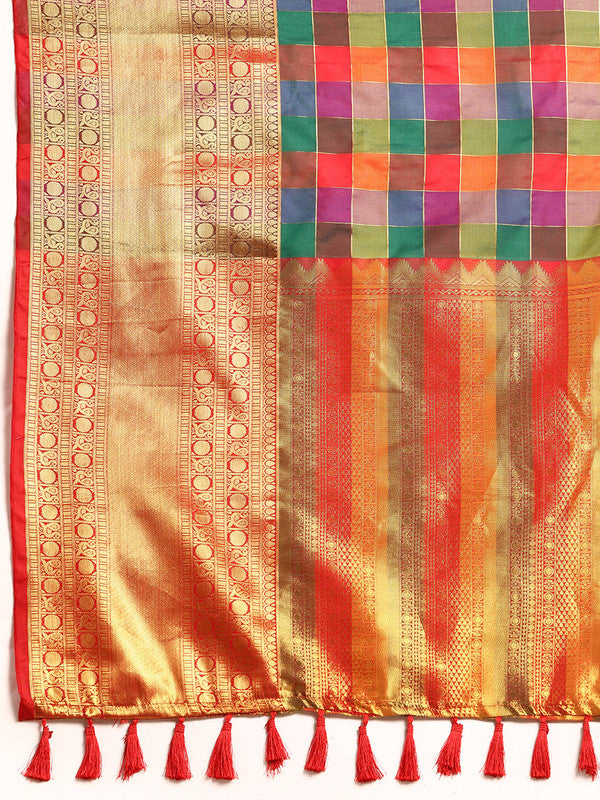 Multicolor Kanjeevaram Silk ColorBlock Checked Saree with Unstitched Blouse - Hiral Fashion | Grocsy