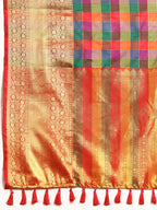 Multicolor Kanjeevaram Silk ColorBlock Checked Saree with Unstitched Blouse - Hiral Fashion | Grocsy