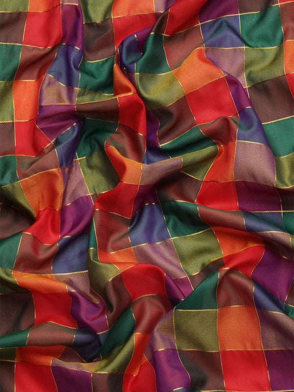 Multicolor Kanjeevaram Silk ColorBlock Checked Saree with Unstitched Blouse - Hiral Fashion | Grocsy