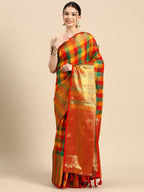Multicolor Kanjeevaram Silk ColorBlock Checked Saree with Unstitched Blouse - Hiral Fashion | Grocsy