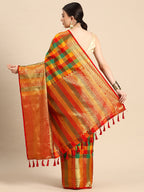 Multicolor Kanjeevaram Silk ColorBlock Checked Saree with Unstitched Blouse - Hiral Fashion | Grocsy