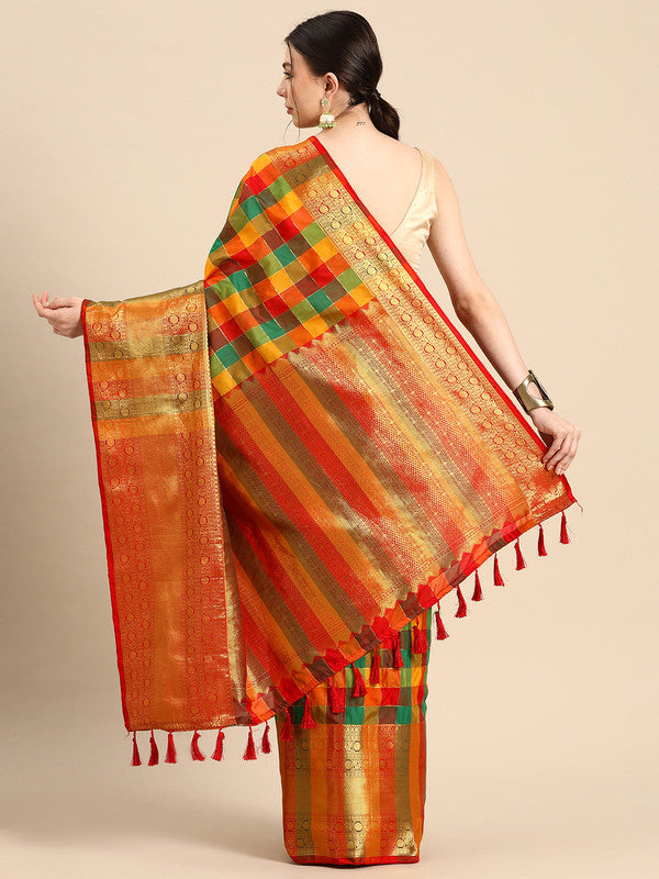 Multicolor Kanjeevaram Silk ColorBlock Checked Saree with Unstitched Blouse - Hiral Fashion | Grocsy