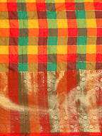 Multicolor Kanjeevaram Silk ColorBlock Checked Saree with Unstitched Blouse - Hiral Fashion | Grocsy