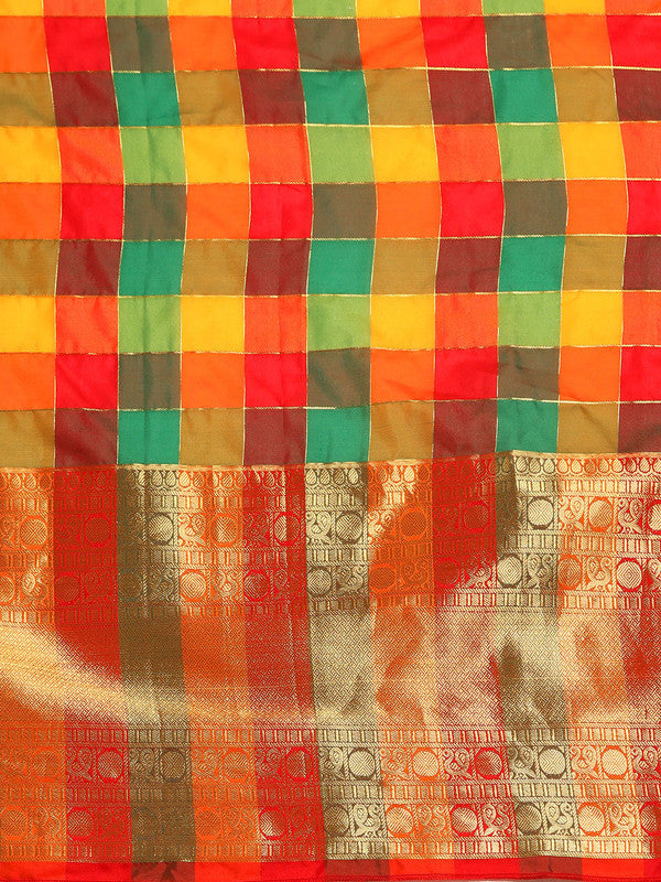 Multicolor Kanjeevaram Silk ColorBlock Checked Saree with Unstitched Blouse - Hiral Fashion | Grocsy