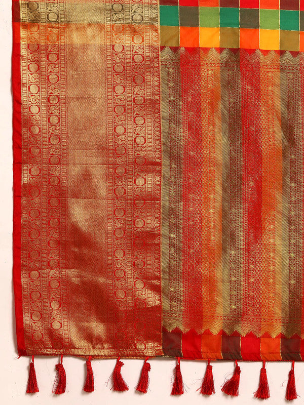 Multicolor Kanjeevaram Silk ColorBlock Checked Saree with Unstitched Blouse - Hiral Fashion | Grocsy
