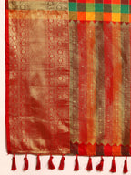 Multicolor Kanjeevaram Silk ColorBlock Checked Saree with Unstitched Blouse - Hiral Fashion | Grocsy