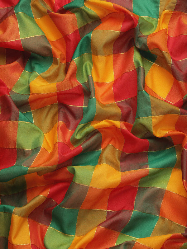 Multicolor Kanjeevaram Silk ColorBlock Checked Saree with Unstitched Blouse - Hiral Fashion | Grocsy