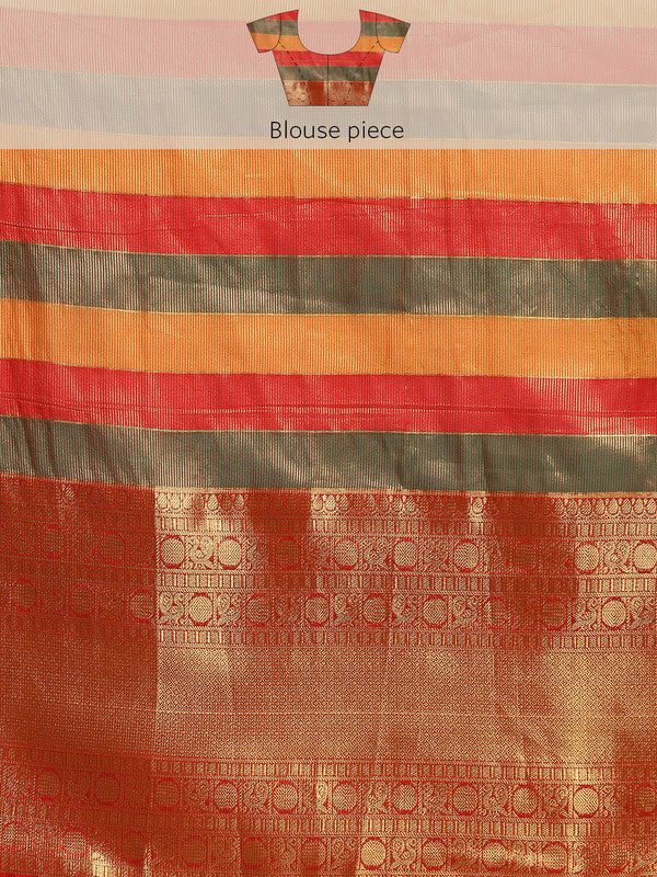 Multicolor Kanjeevaram Silk ColorBlock Checked Saree with Unstitched Blouse - Hiral Fashion | Grocsy