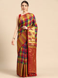 Multicolor Kanjeevaram Silk ColorBlock Checked Saree with Unstitched Blouse - Hiral Fashion | Grocsy