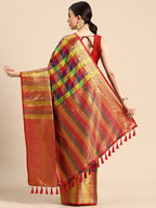 Multicolor Kanjeevaram Silk ColorBlock Checked Saree with Unstitched Blouse - Hiral Fashion | Grocsy