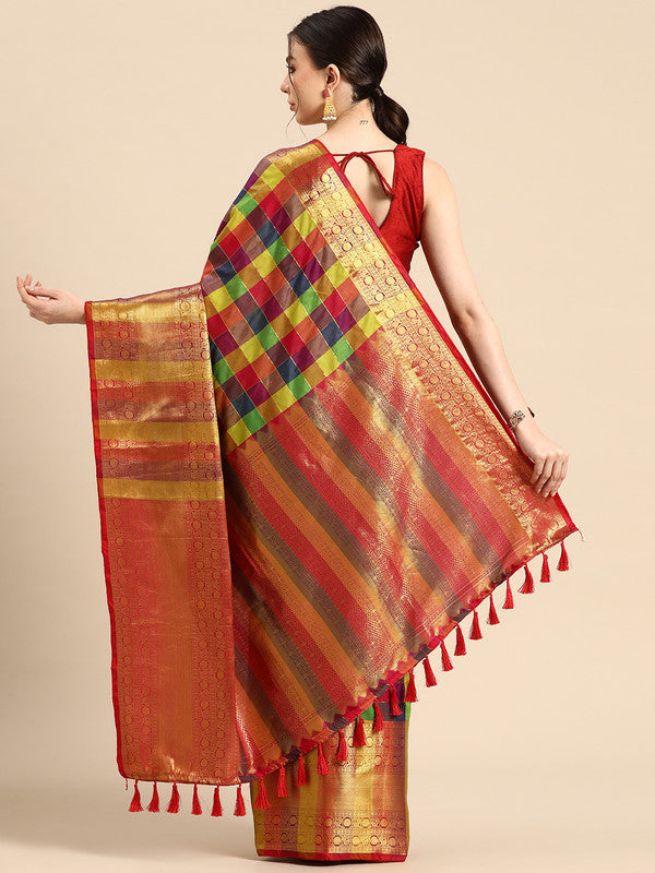 Multicolor Kanjeevaram Silk ColorBlock Checked Saree with Unstitched Blouse - Hiral Fashion | Grocsy