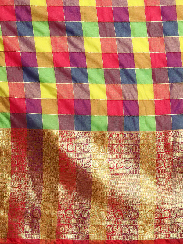 Multicolor Kanjeevaram Silk ColorBlock Checked Saree with Unstitched Blouse - Hiral Fashion | Grocsy