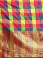 Multicolor Kanjeevaram Silk ColorBlock Checked Saree with Unstitched Blouse - Hiral Fashion | Grocsy